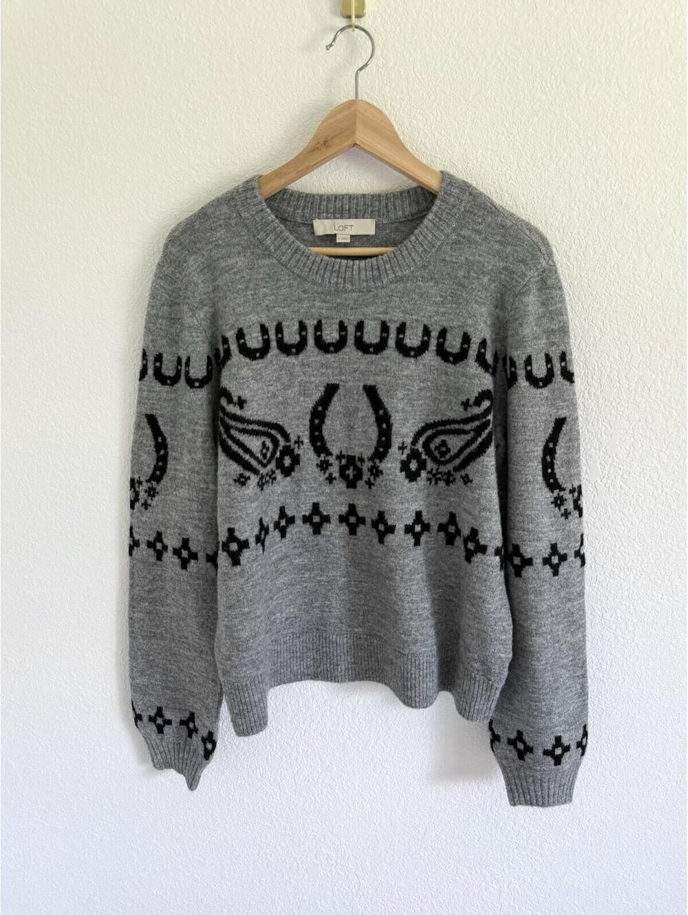 Loft Women's Gray Crewneck Sweater Black Graphic Horseshoe Paisley Knit Size Med